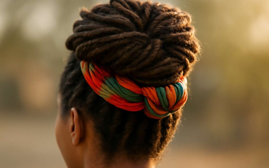 Bold updo ideas: dreadlocks tied up for a chic, carefree vibe.